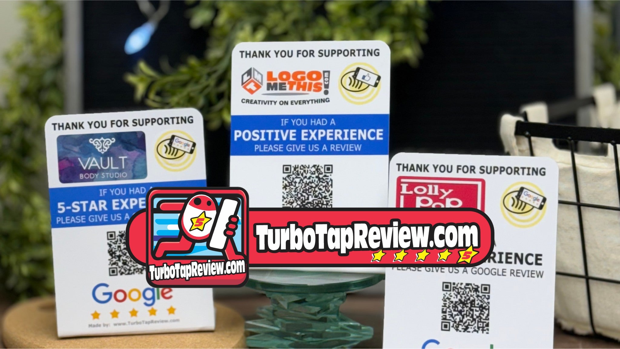 Turbo Tap Review Banner with URL and Image of Turbo Tap Review Stands.  Google and Facebook stands.